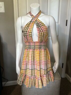 Aerie Gingham Halter Sundress in Yellow,
Green & Pink. Lined. Size medium.